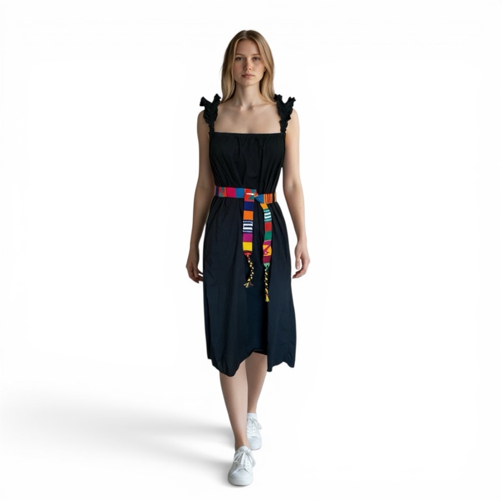 Nation LTD Black Cotton Midi Dress Ruffle Strap Sleeveless Sundress XS